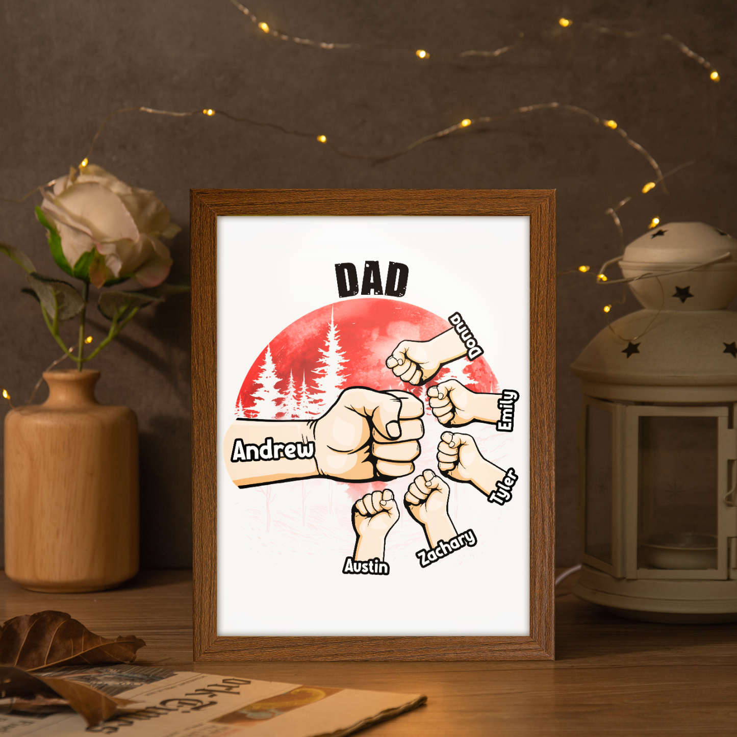 6 Names-Personalised Fist Dad LED Light Wooden Photo Frame -Custom Text & Names, Adjustable 3 Colors