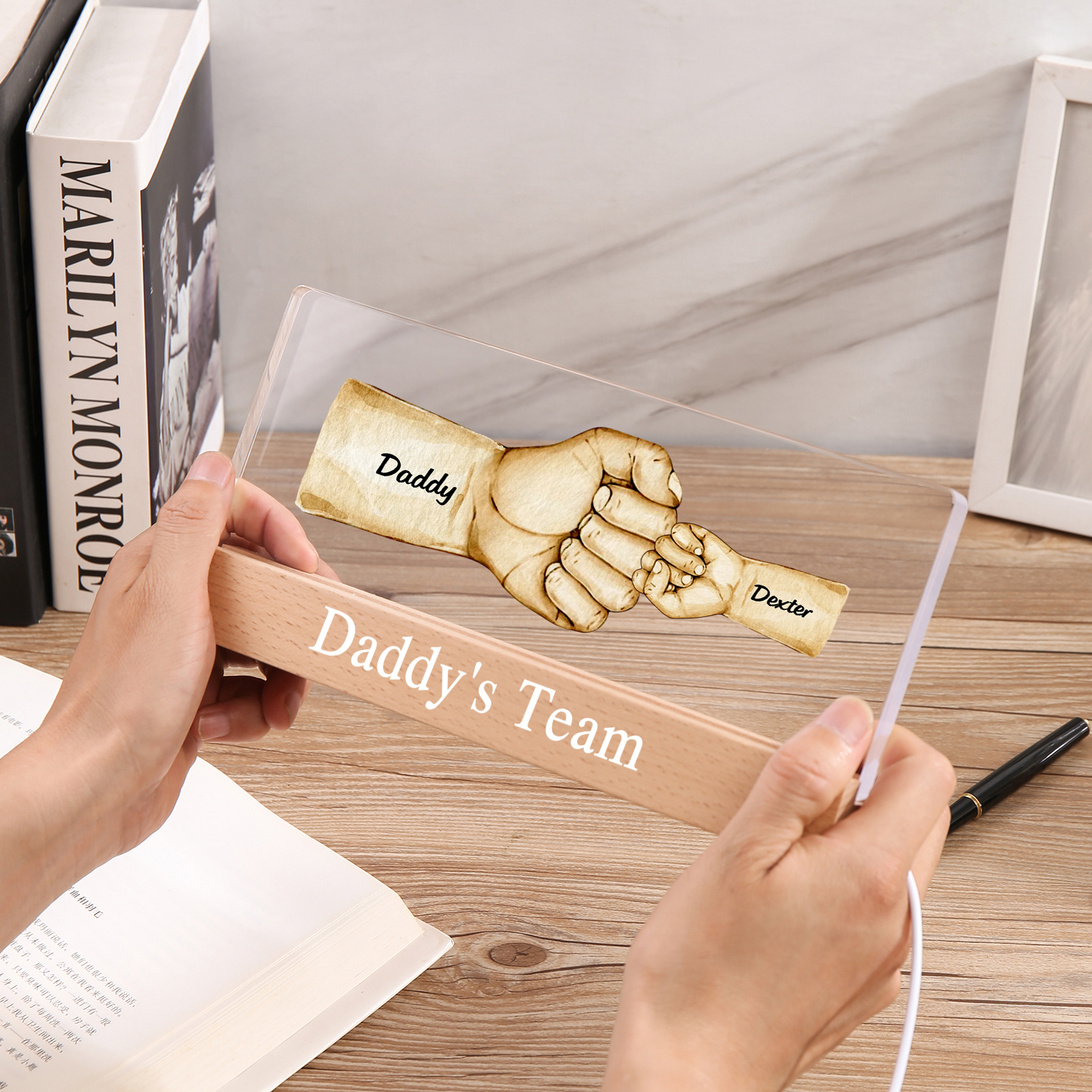 2 Names - Personalised Fist Bump Pattern Table Lamp Customized Text Father's Day Gift for Dad