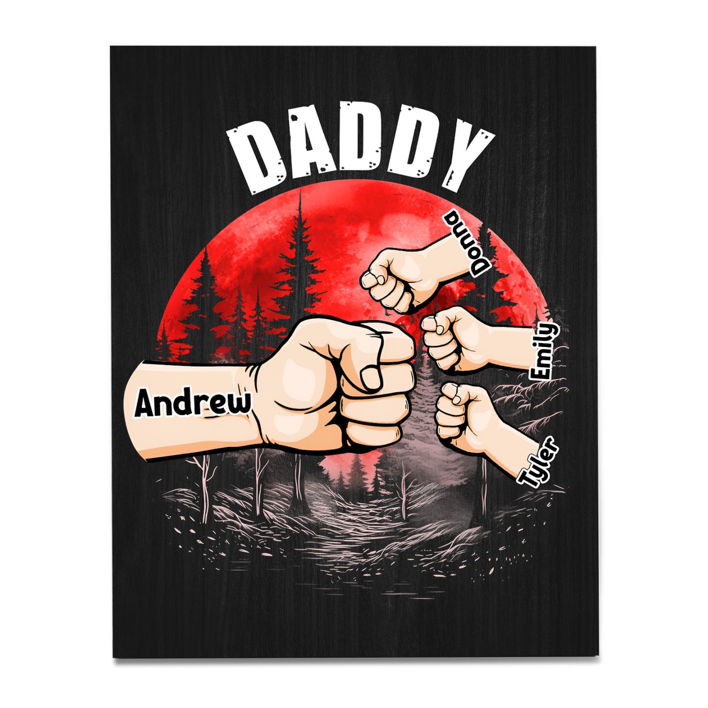 4 Names - Personalised Wooden Ornament Fist Bump Red Forest Style Engraved Name and Text Ornament for Dad