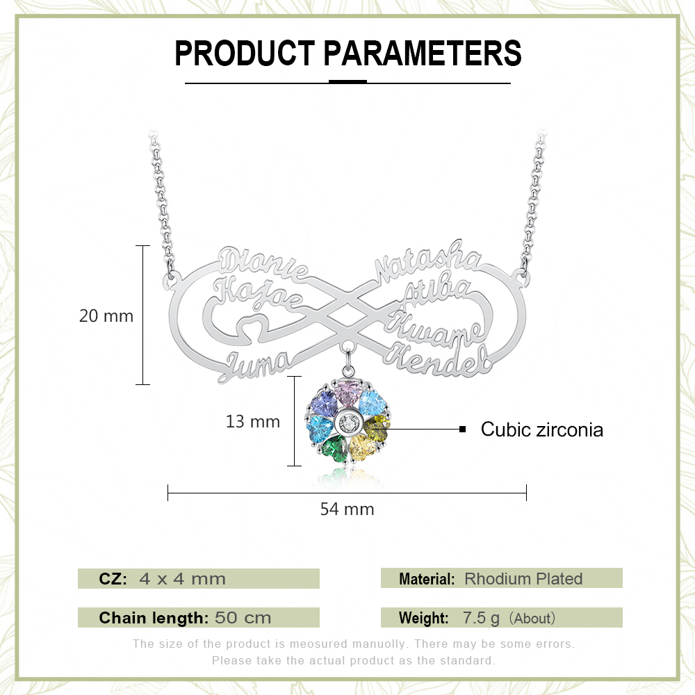 Personalised Infinity Necklace With 7 Birthstones Engraved Names Necklace Gift For Women