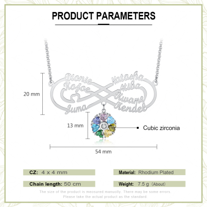 Personalised Infinity Necklace With 7 Birthstones Engraved Names Necklace Gift For Women