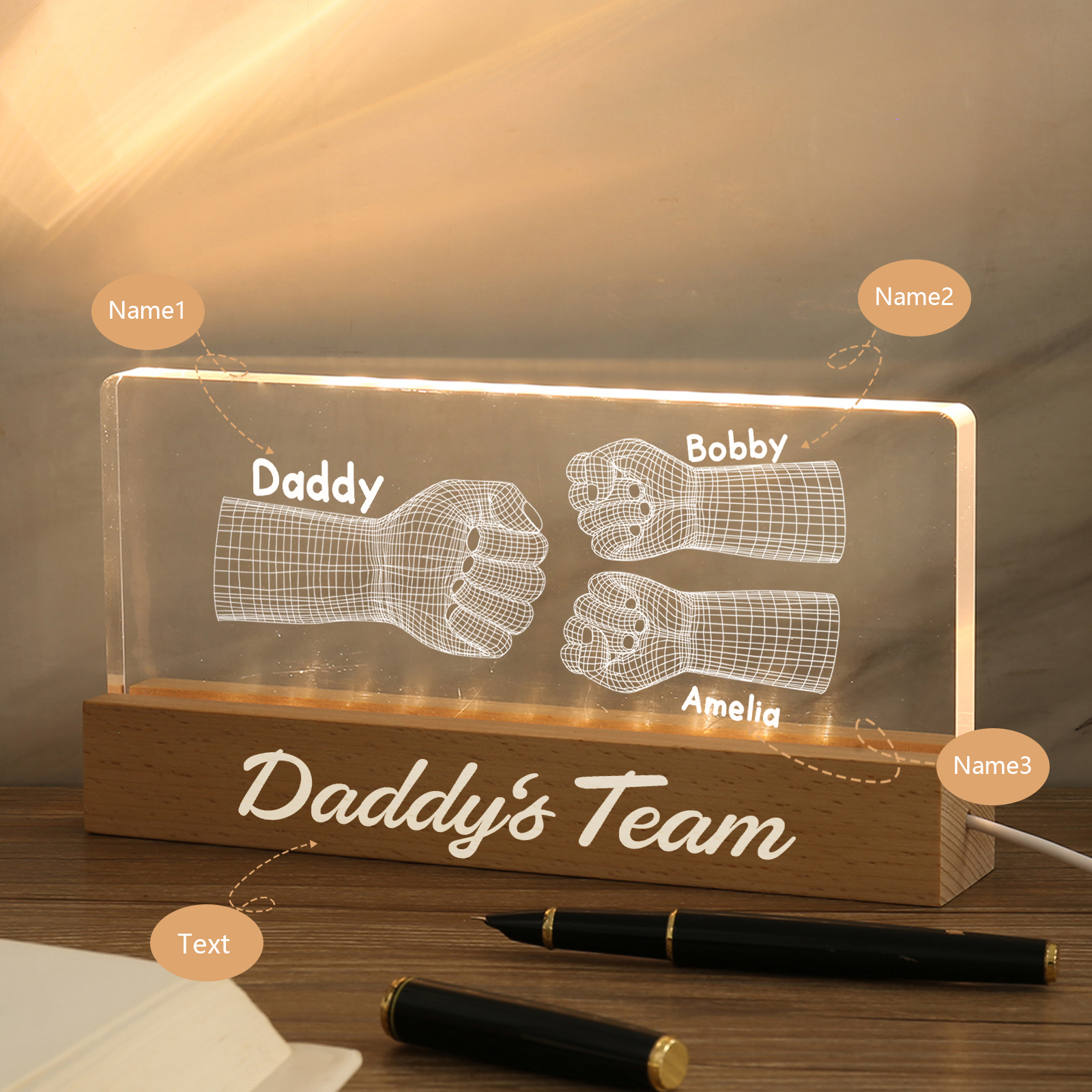 3 Names Personalised Fist Bump Pattern Night Light Custom Text LED Light Father's Day Gift for Dad