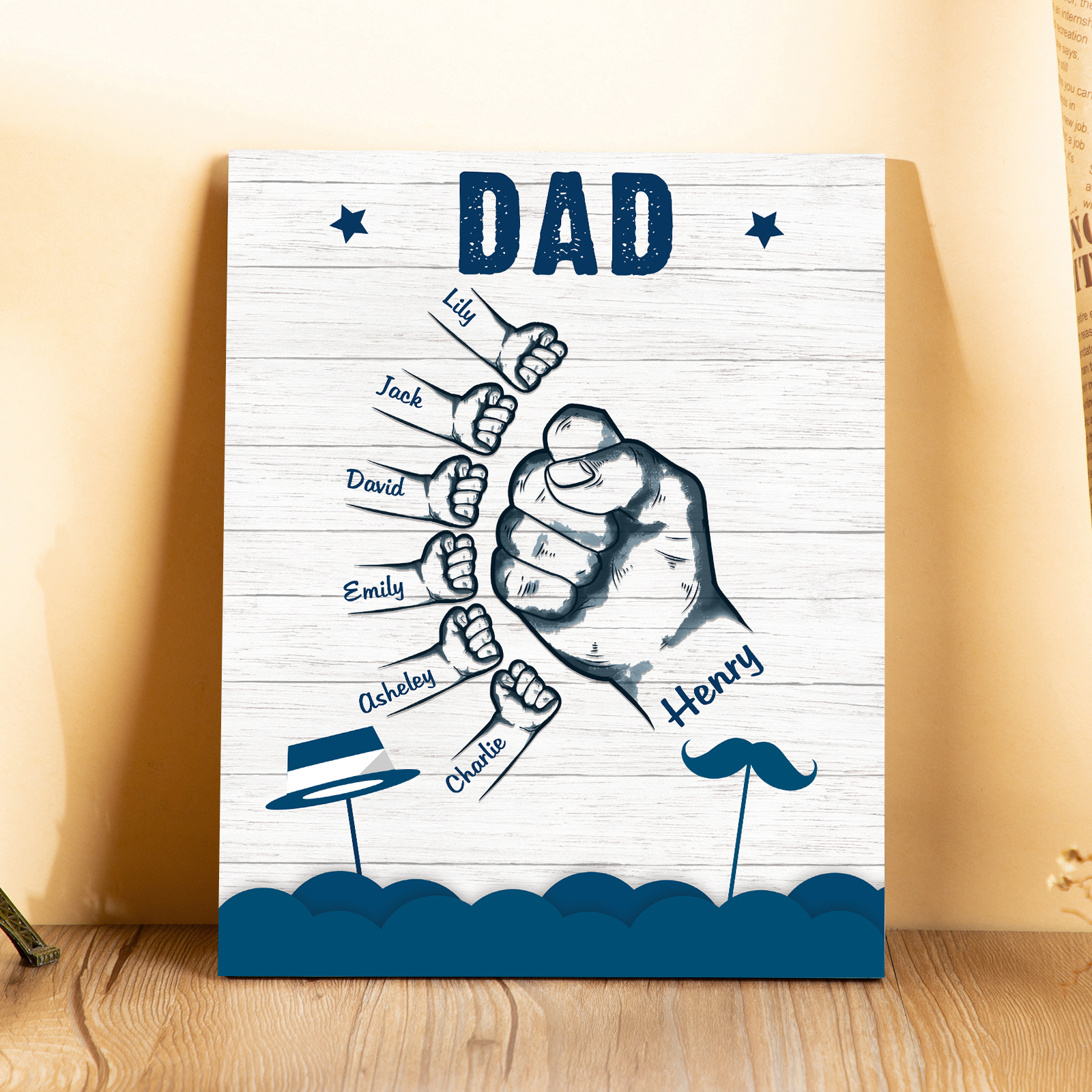 7 Names - Personalised Wooden Ornament Fist Bump Style Engraved Name and Text Ornament for Dad