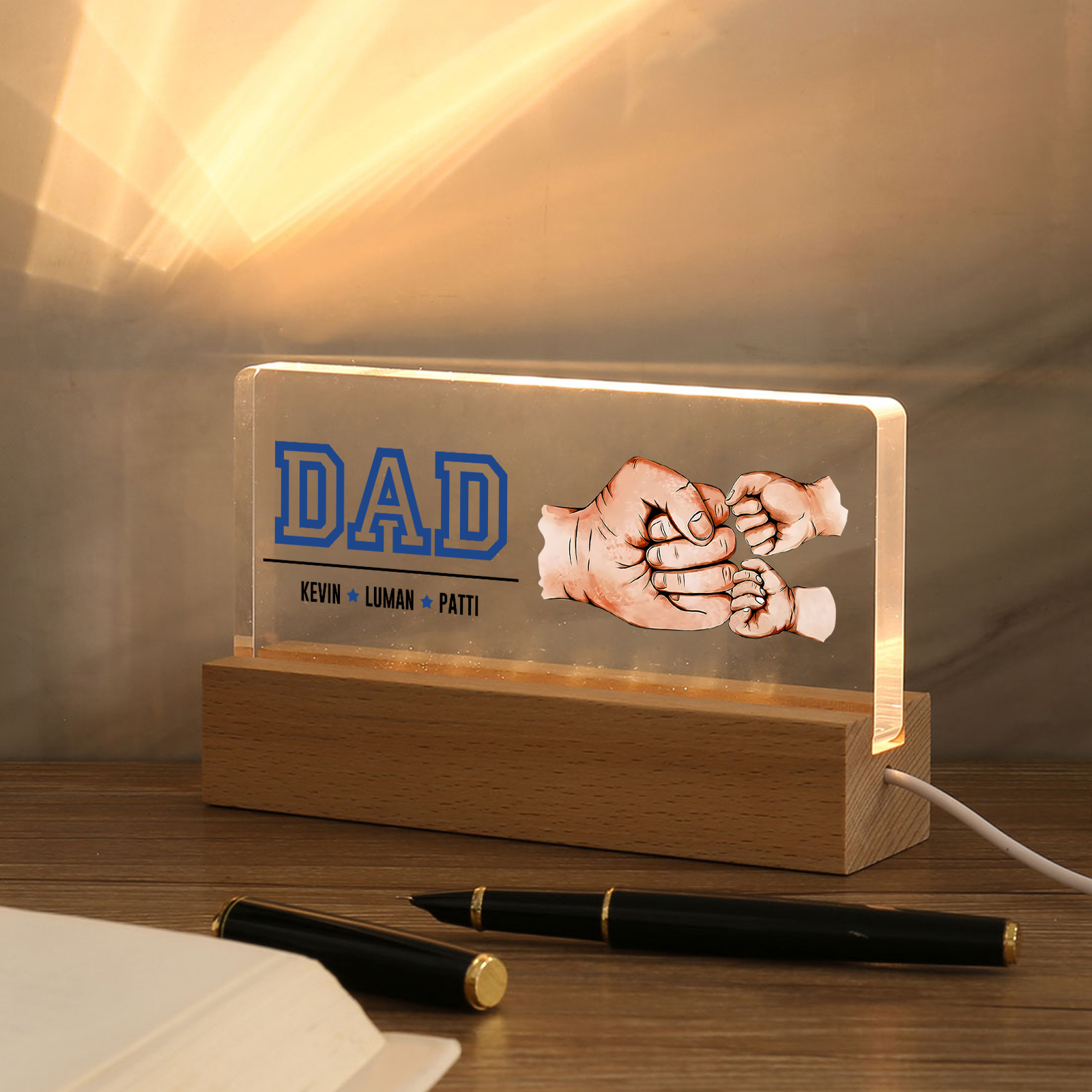3 Names - Personalised Fist Bump Table Lamp - Dad's Dream Team - Father's Day Gift for Dad