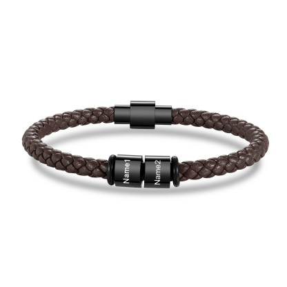 Custom 1-3 Names Beads Magnetic Buckle Leather Braided Personalised Mens Bracelet-Gift for Husband Boyfriend | Jessemade