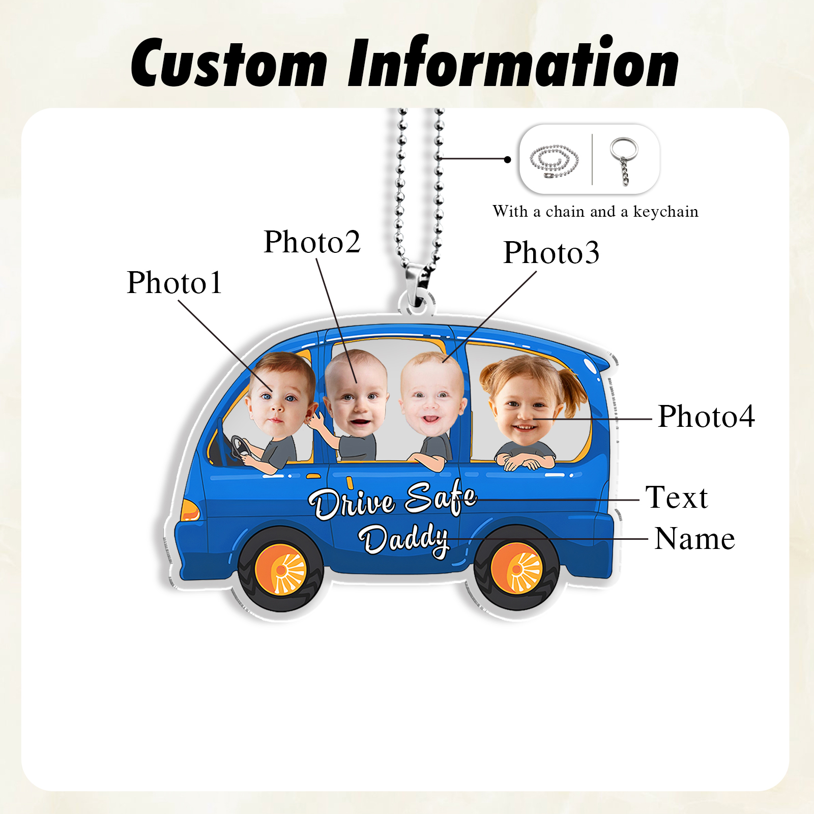 Acrylic Keyring/Decoration Personalised 4 Photos, Name And Text Child Driving Pattern Pendant For Dad