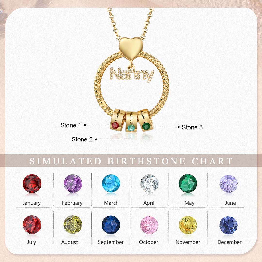3 Names-Personalised Nanny Circle Necklace With 3 Birthstones Pendant Engraved Names Gift For Nanny
