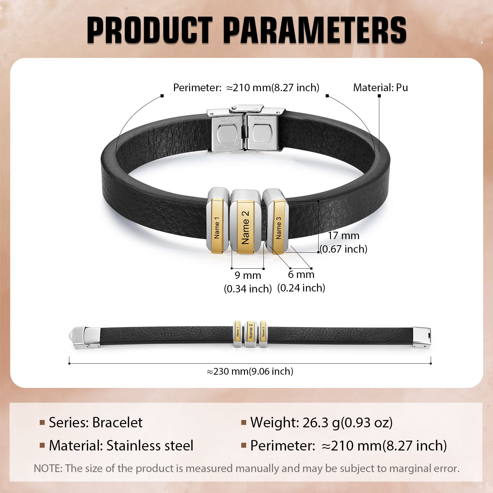 3 Names Personalised Stainless Steel Leather Bracelet Engraved Name Men's Bracelet Gift for Dad