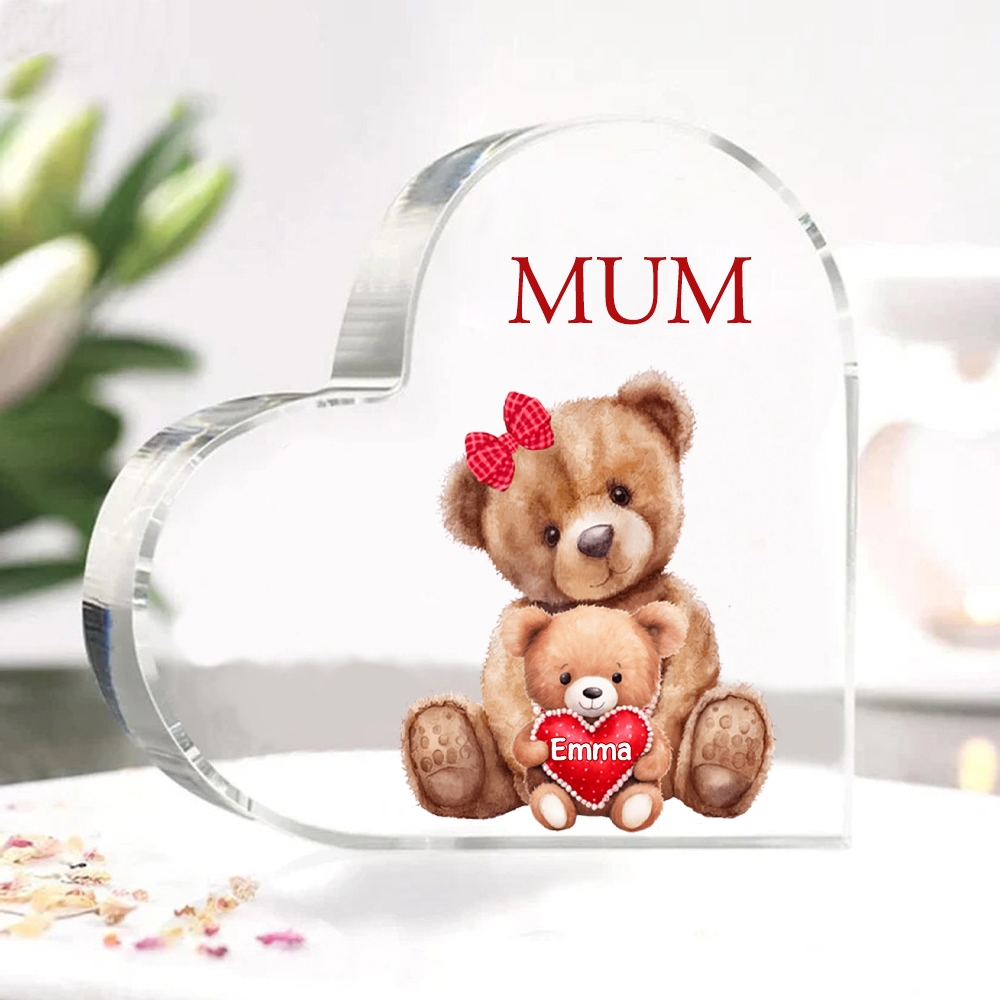 1 Name-Personalised Mum Acrylic Heart Keepsake Custom Text Love Teddy Bear Ornaments Gifts Set With Gift Box for Grandma/Mother