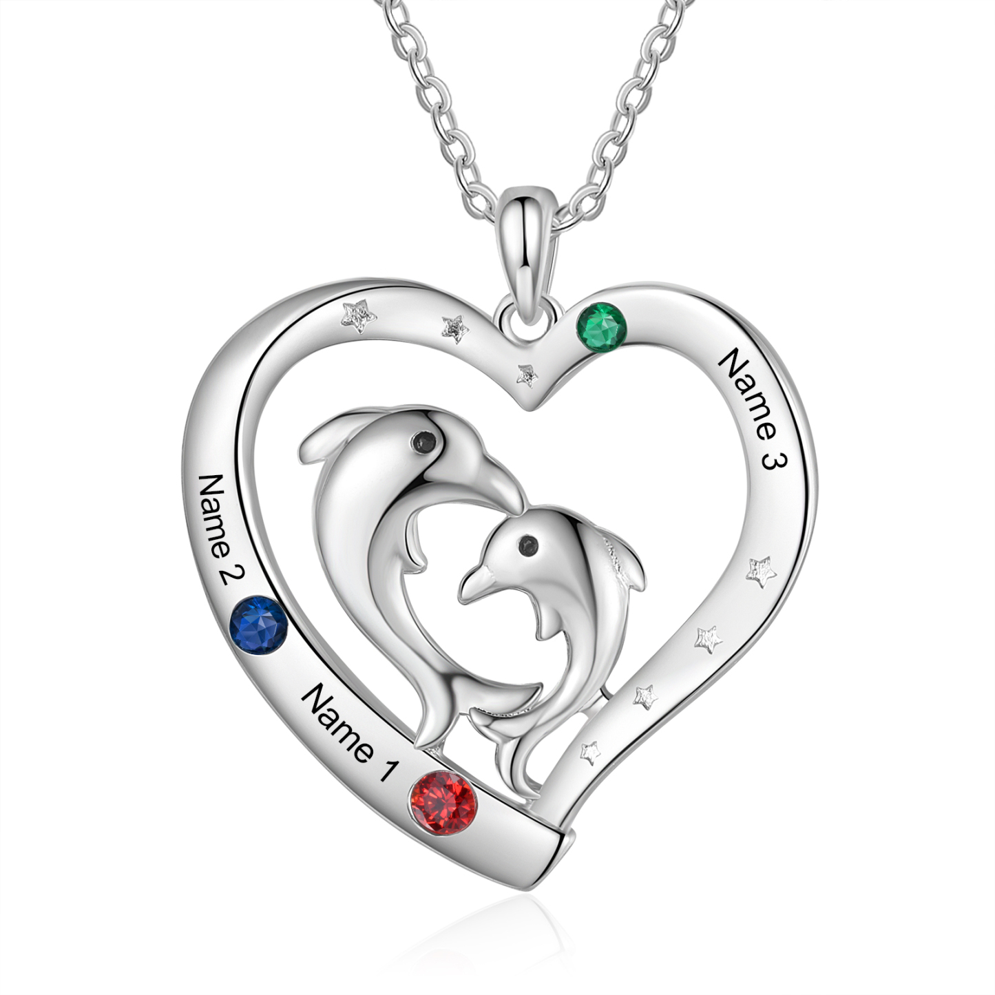3 Names - Personalised Beautiful Dolphin Heart Necklace with Customized Name and Birthstone Gift for Her