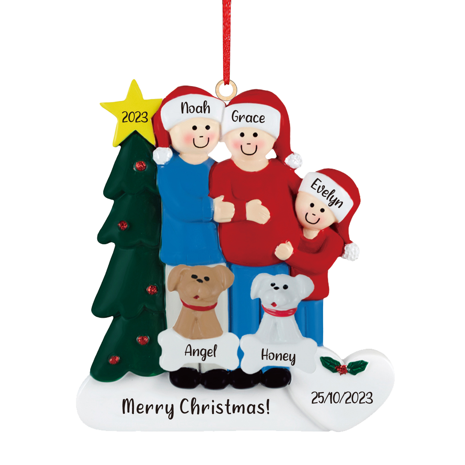 5 Names-Personalised Family Wooden Christmas Xmas Tree Decoration Ornament-Custom 5 Names And Dates Hanging Ornament Gifts For Family