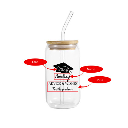 2024 Graduation Gift - Personalised Custom Text, Name and Year Glass with Glass Straw