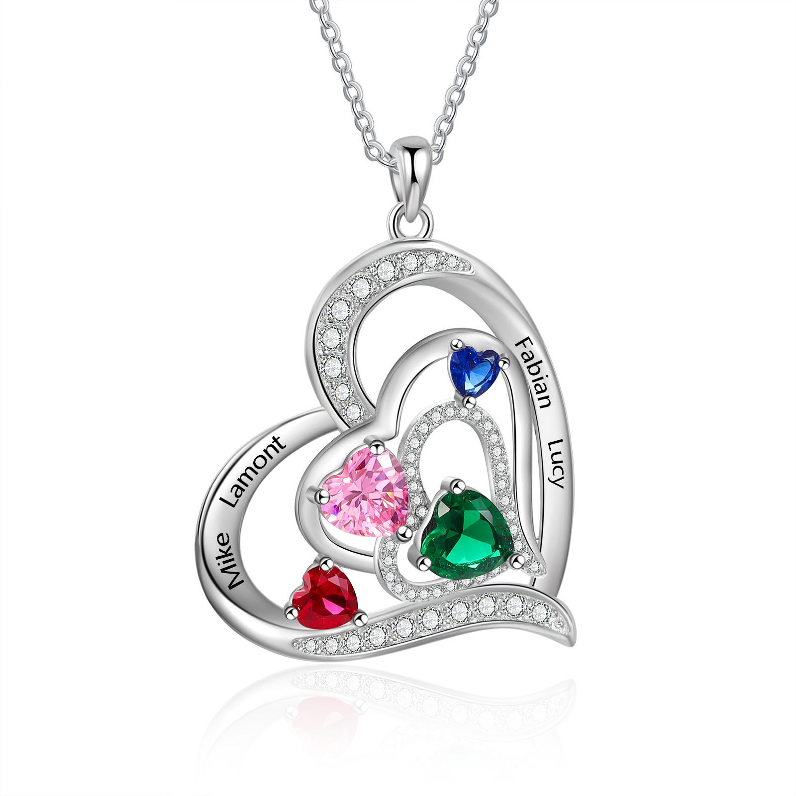 4 Names - Personalized Heart Necklace with Customized Names and Birthstone Gift for Her