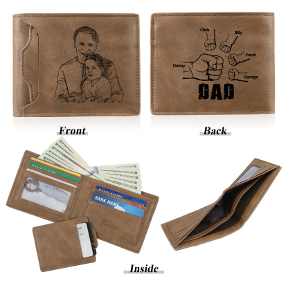 5 Names - Personalised Photo Custom Leather Men's Folding Wallet as a Father's Day Gift for Dad