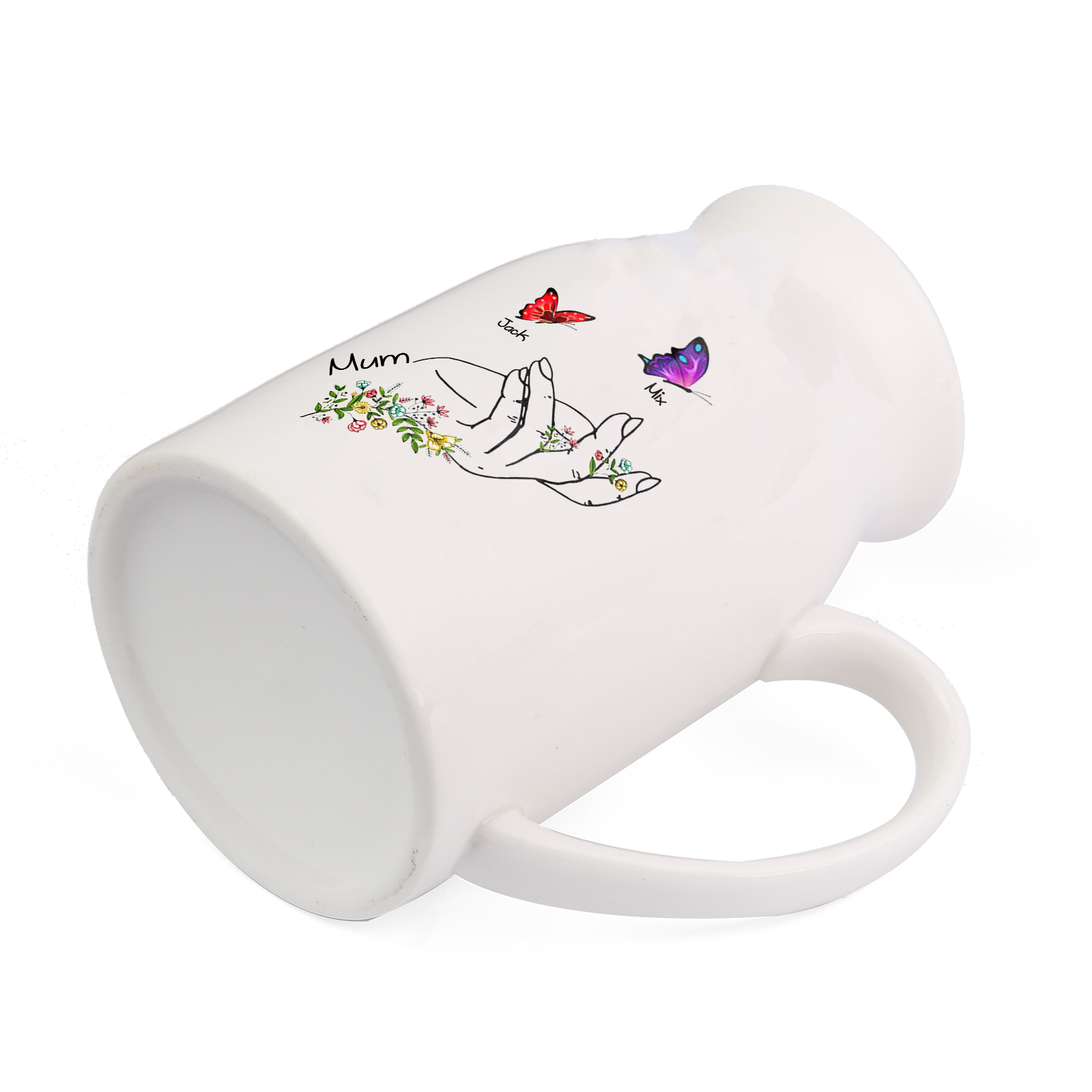 Custom2 Names - Personalised Beautiful Flower Hand Butterfly Style Ceramic Vase Mother's Day Gift For Mum