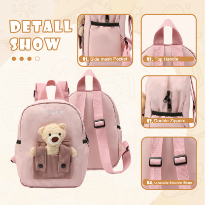 Personalised Bear School Bag Custom Name Canvas Backpack Back To School Gift for Kids
