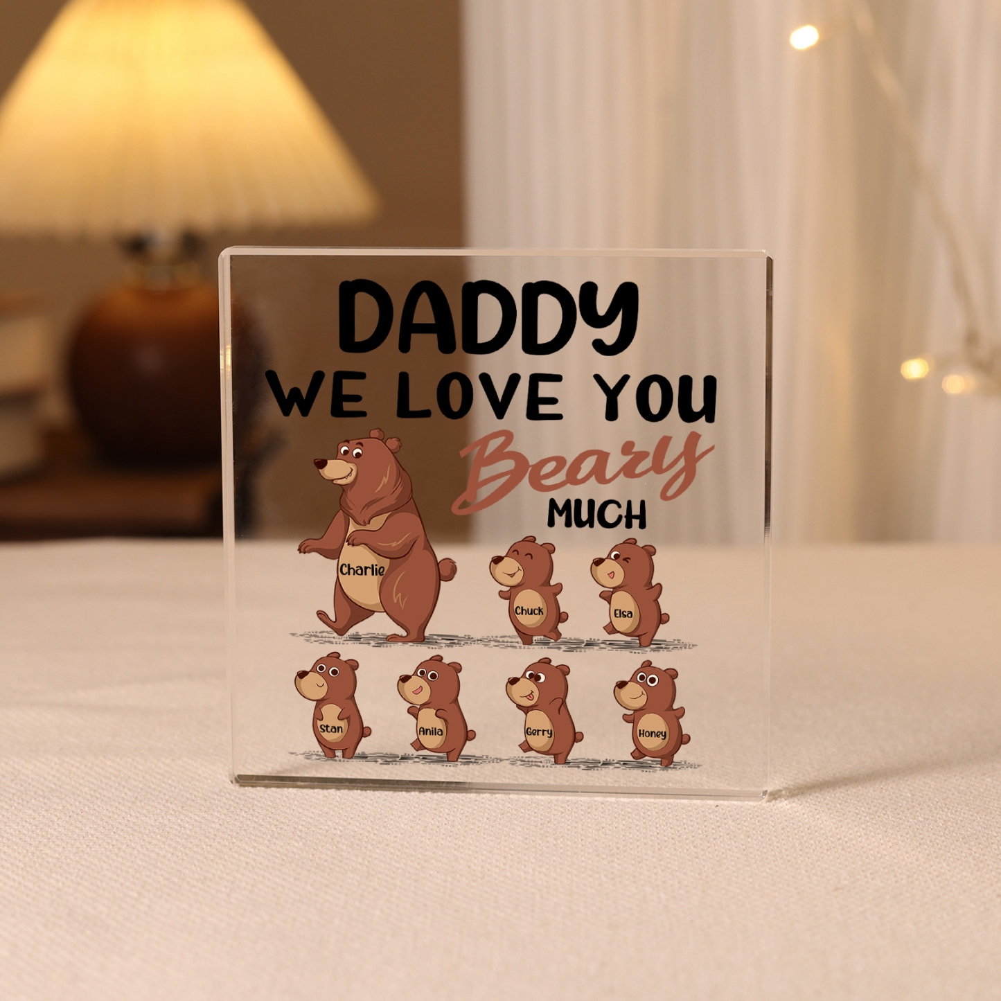 7 Names-Personalised Bear Family Acrylic Keepsake-Custom Text and Names-Acrylic Plaque Home Decoration Gift for Daddy/Grandad