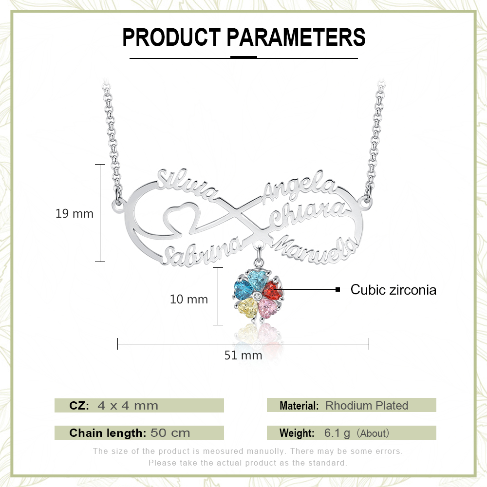 Personalised Infinity Necklace With 6 Birthstones Engraved Names Necklace Gift For Women