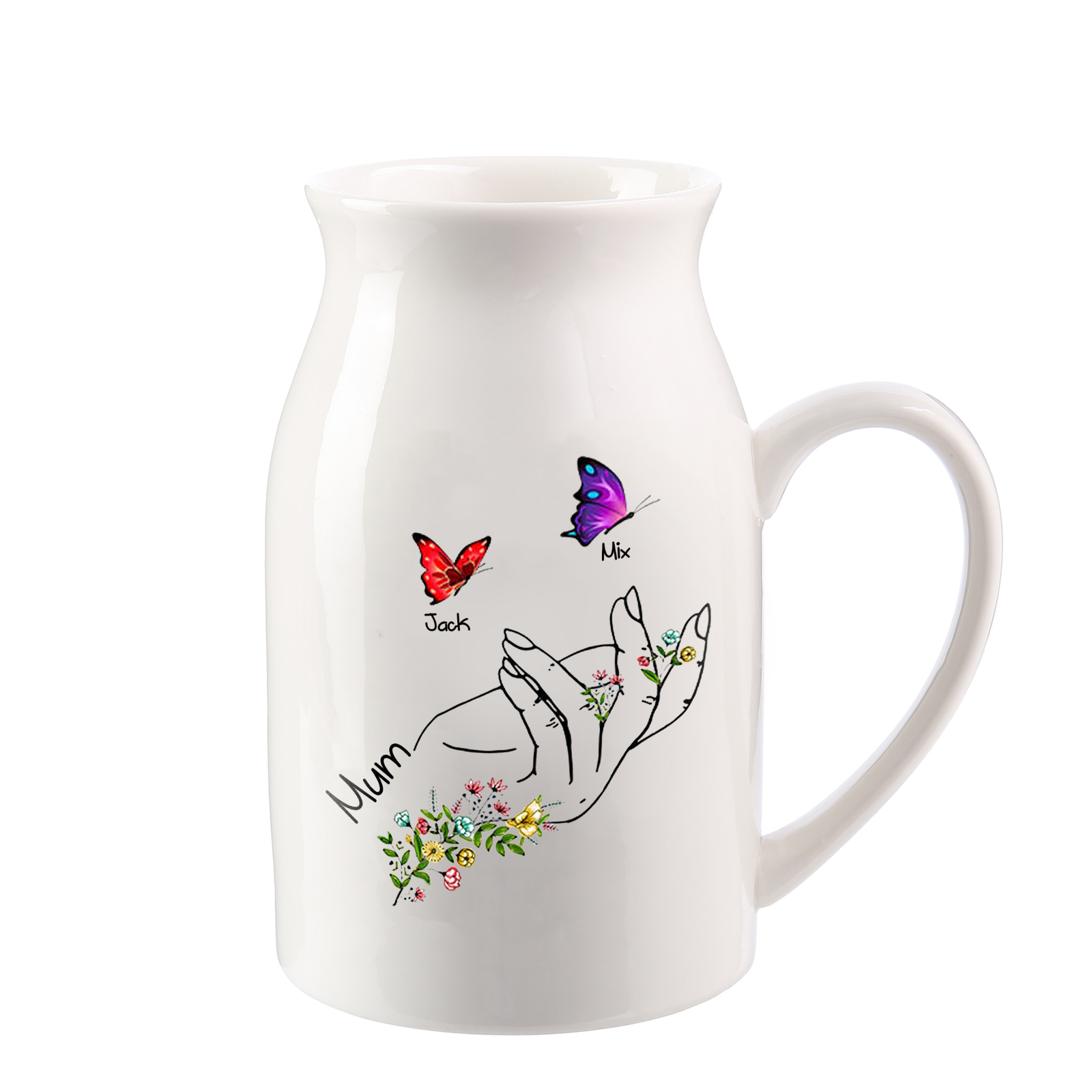 Custom2 Names - Personalised Beautiful Flower Hand Butterfly Style Ceramic Vase  Mother's Day Gift For Mum