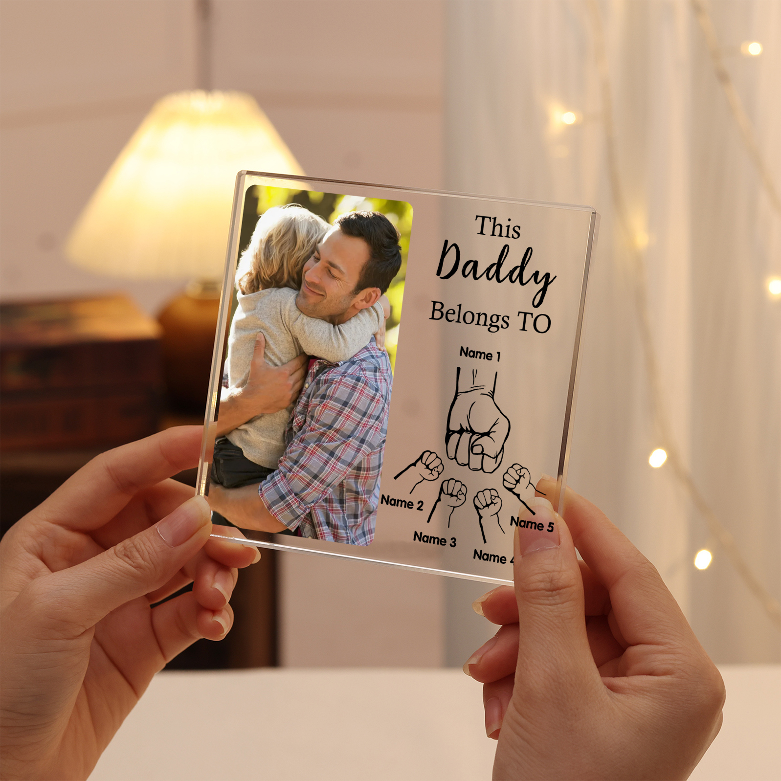 5 Names-Personalised Dad Photo Fist Acrylic Keepsake-Custom Text, Photo, and Names-Acrylic Plaque Home Decoration Gift for Dad/Grandad