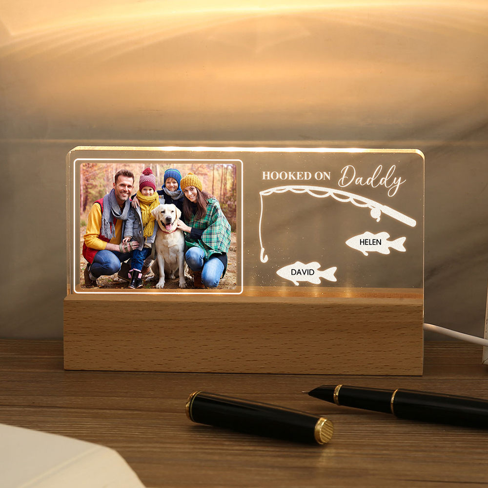 2 Names - Personalised Photo Fishing Pattern Desk Lamp Father's Day Gift For Dad