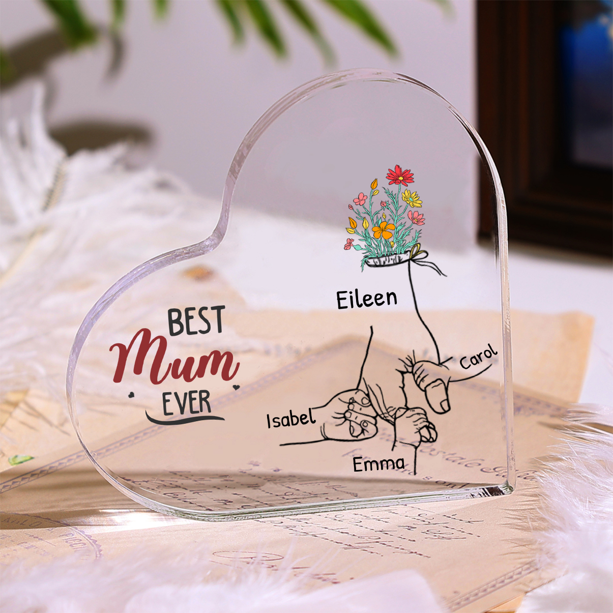 Customized  1-6 Names Hand Flower Name Style Acrylic Heart Shaped Decorative Brand Plaque Decoration for Mum/Nana