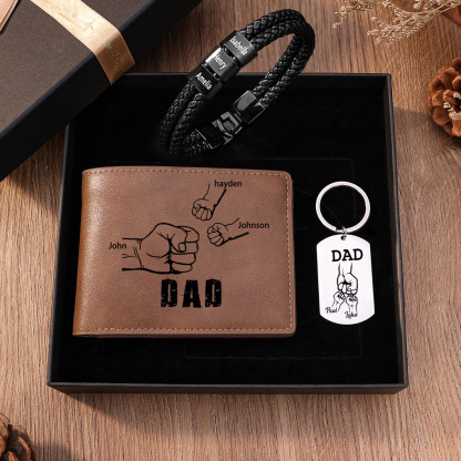 Personalised 3 Names Gift Set Custom Wallet & Bracelet & Keychain Gift Box Set Father’s Day Gifts