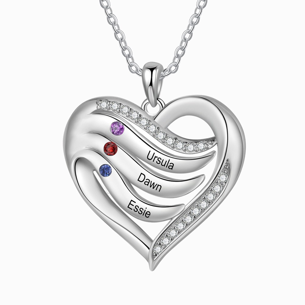 3 Names-Personalised Hearts Necklace Custom Birthstone Necklace Gifts for Mum