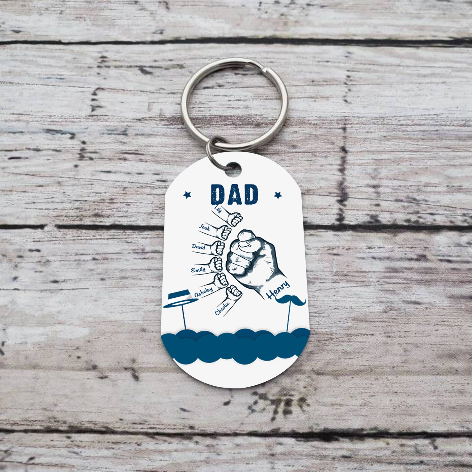 7 Names - Personalised Custom Fist Bump Keyring Hat and Beard Style Keyring Gift for Dad