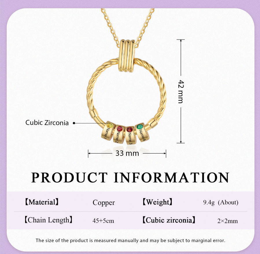 4 Names - Personalised Round Pendant Necklace Customized Name Gift for Her
