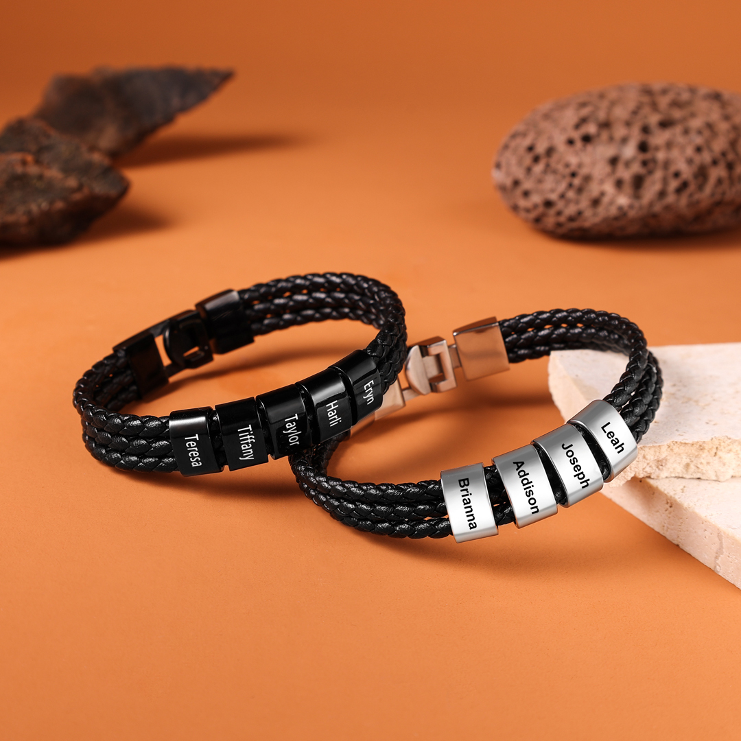 Personalised Braided Leather Bracelet Engraved 5 Names Men's Bracelet Gifts For Him