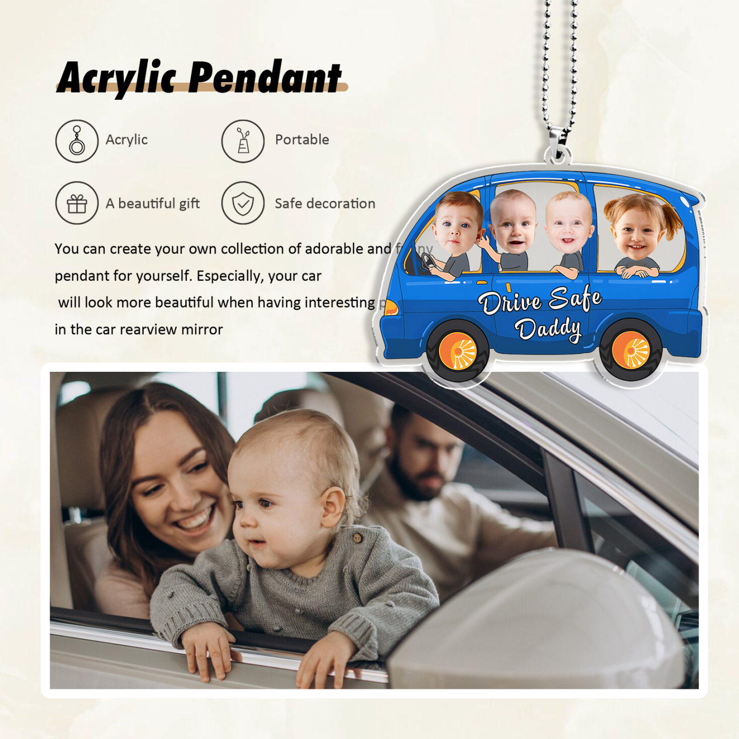 Acrylic Keyring/Decoration Personalised 4 Photos, Name And Text Child Driving Pattern Pendant For Dad