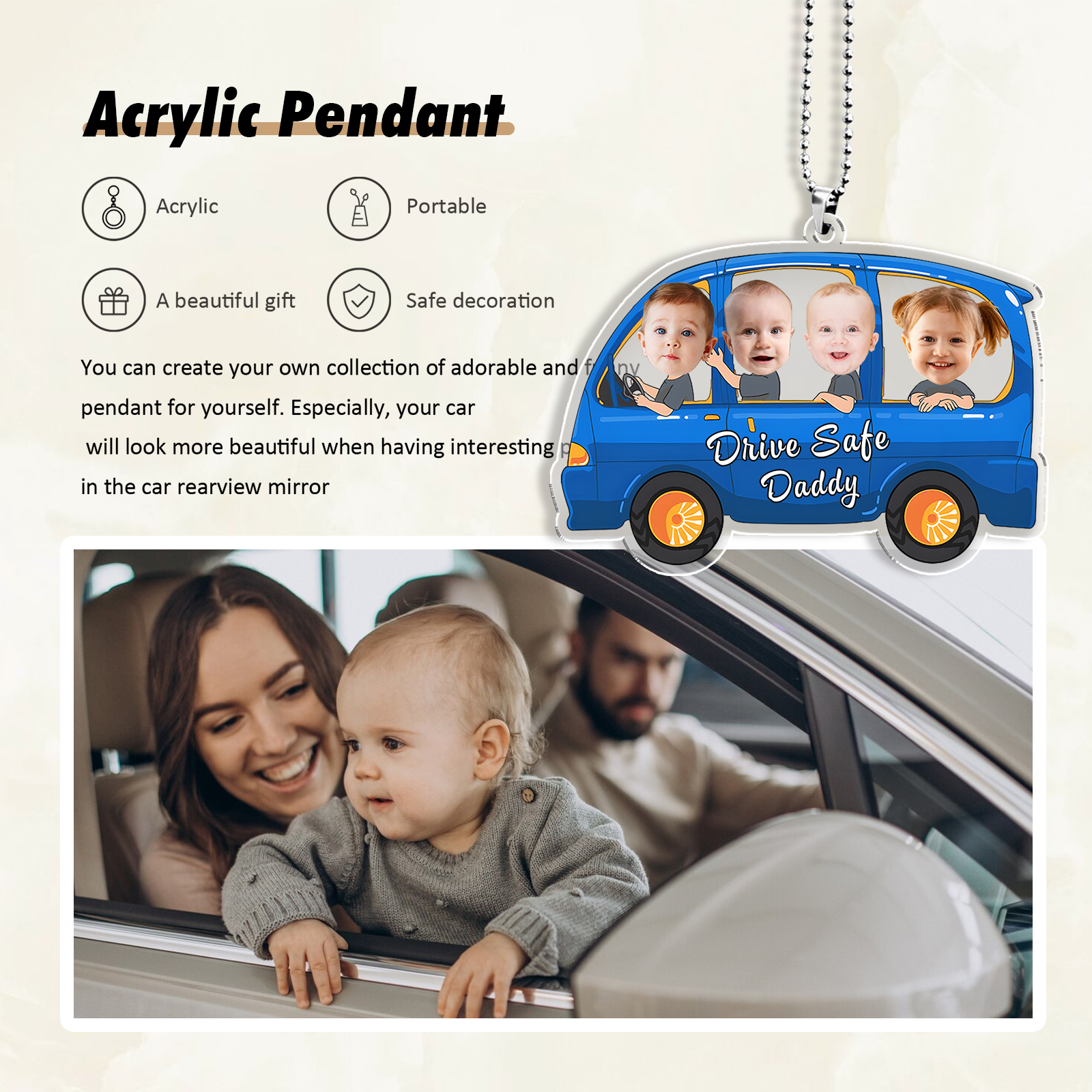 Acrylic Keyring/Decoration Personalised 4 Photos, Name And Text Child Driving Pattern Pendant For Dad