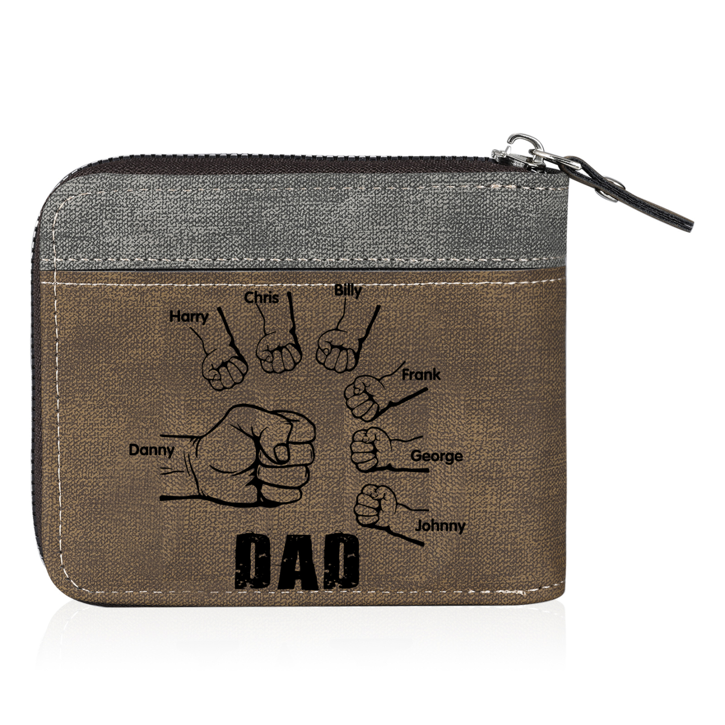 7 Names - Personalised Fist Bump Photo Custom Leather Men's Zipper Wallet as a Father's Day Gift for Dad