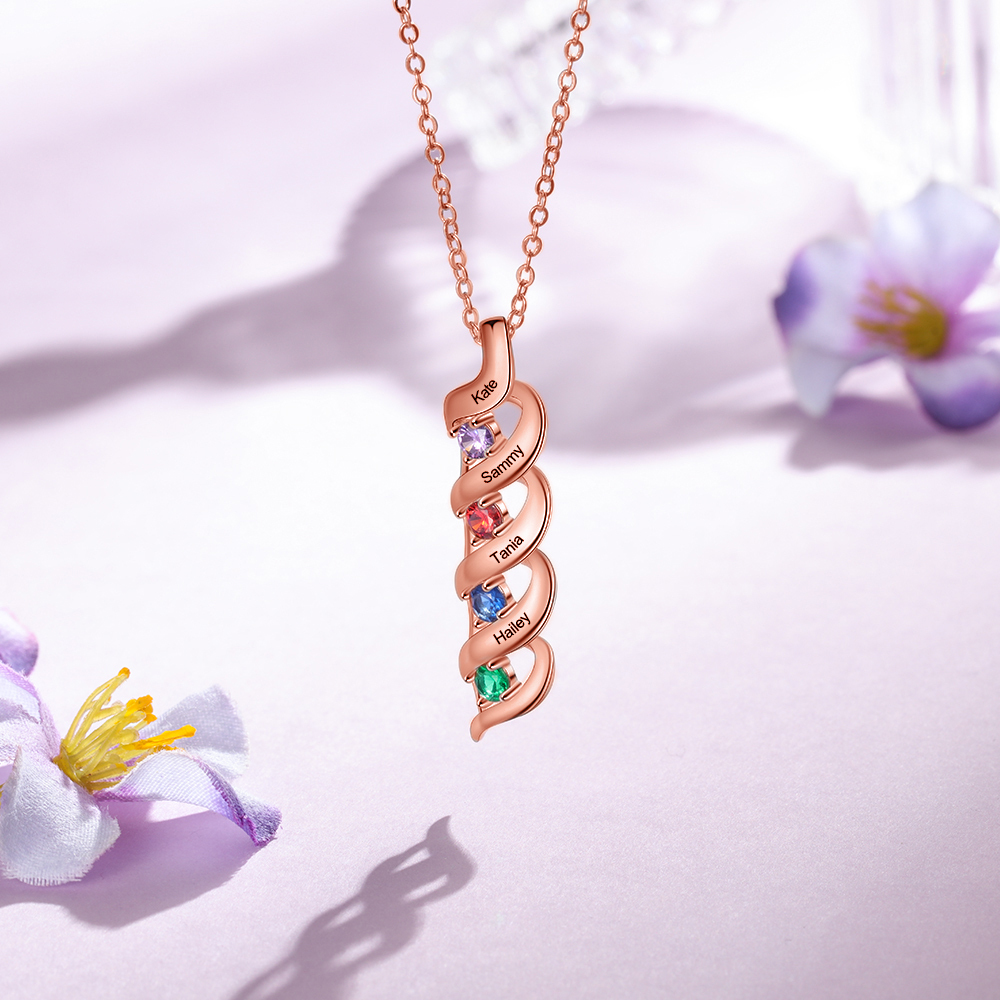 4 Names-Personalized Birthstones Necklace Set With Rose Gift Box-Custom Cascading Pendant Necklace Engraving 4 Names Gifts for Her