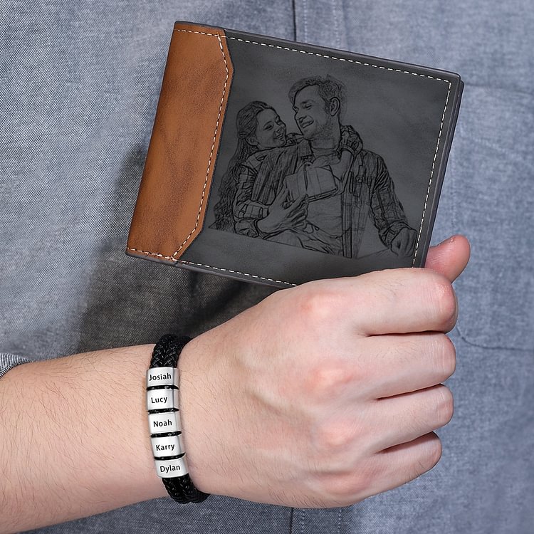 Personalised 1 Photo & 1 Letter & 6 Names Gift Set Custom Wallet & Bracelet & Pen Gift Box Set Father’s Day Gifts