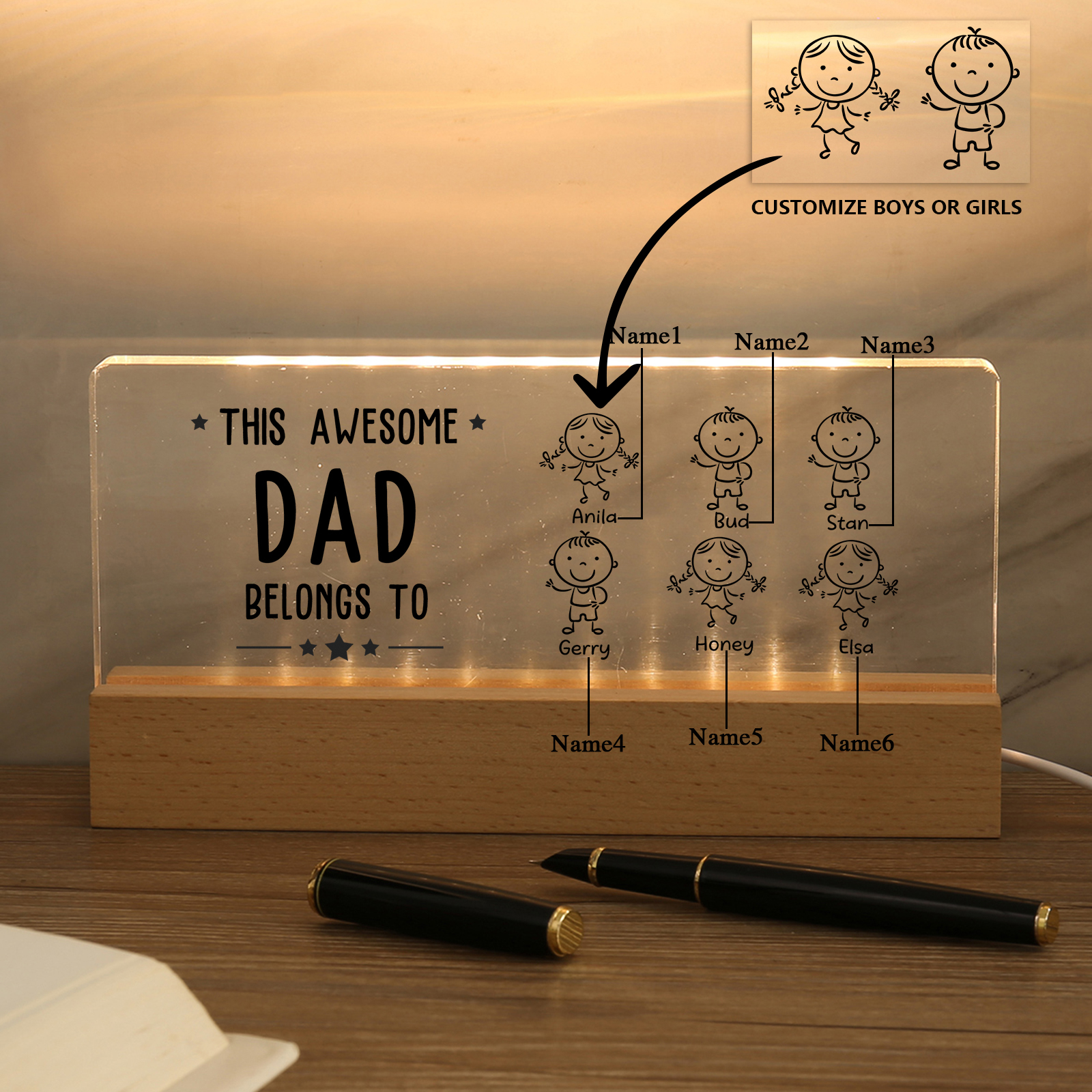 6 Names & Doll Gender - Personalised Lamp -This Awesome Dad  Belongs To - Father's Day Gift for Dad