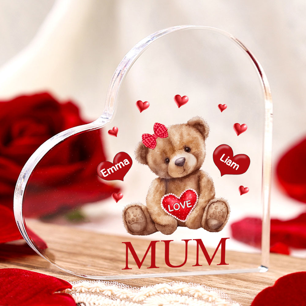 2 Names-Personalised Mum Acrylic Heart Keepsake Custom Text Love Teddy Bear Ornaments Gifts Set With Gift Box for Grandma/Mother