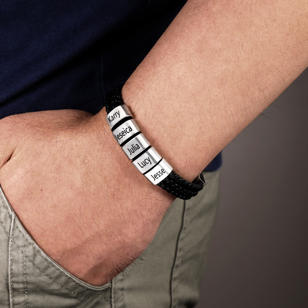 Personalised Braided Leather Bracelet Engraved 5 Names Men's Bracelet Gifts For Him
