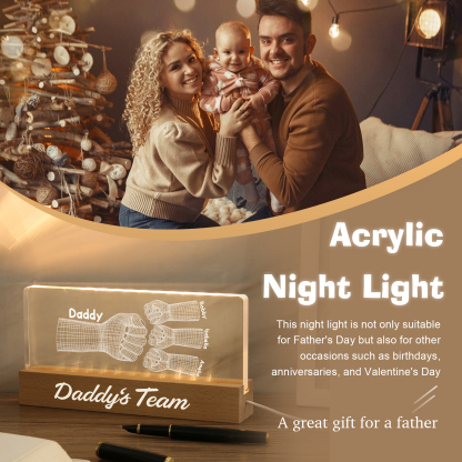 4 Names Personalised Fist Bump Pattern Night Light Custom Text LED Light Father's Day Gift for Dad