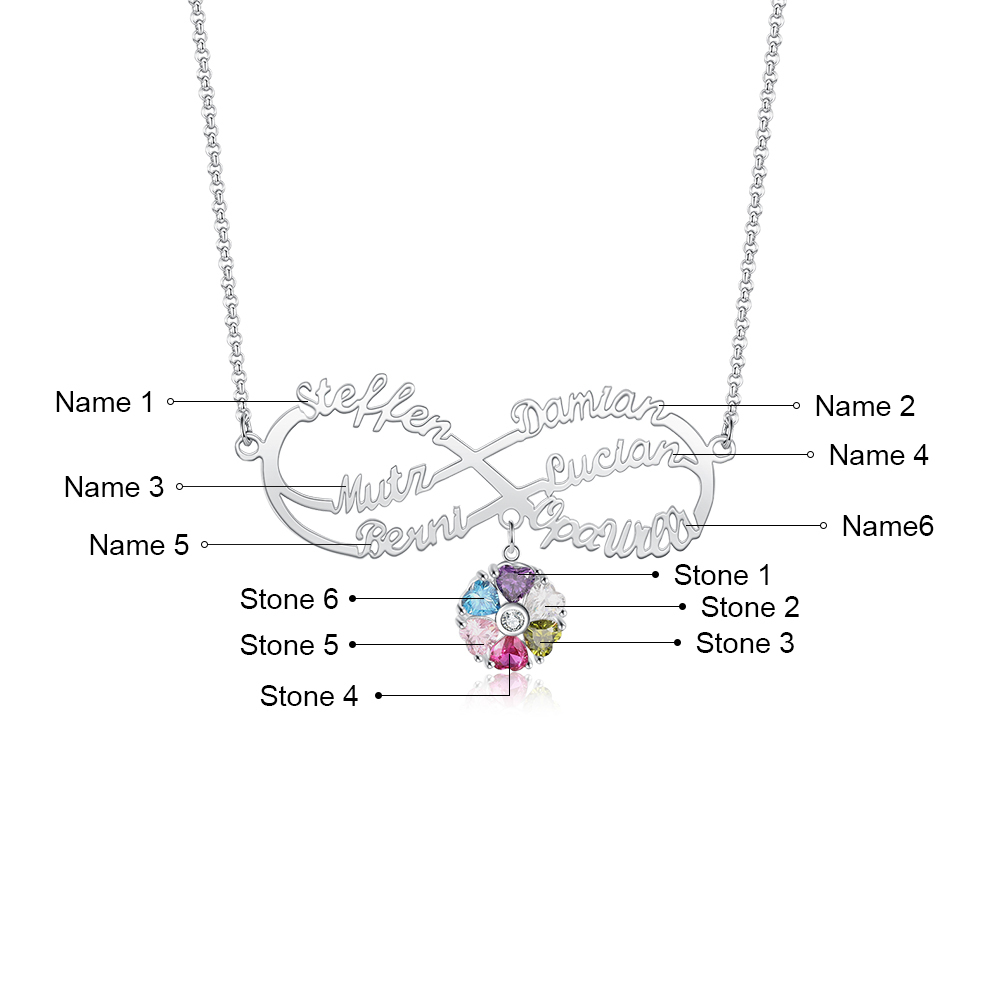 Personalised Infinity Necklace With 6 Birthstones Engraved Names Necklace Gift For Women