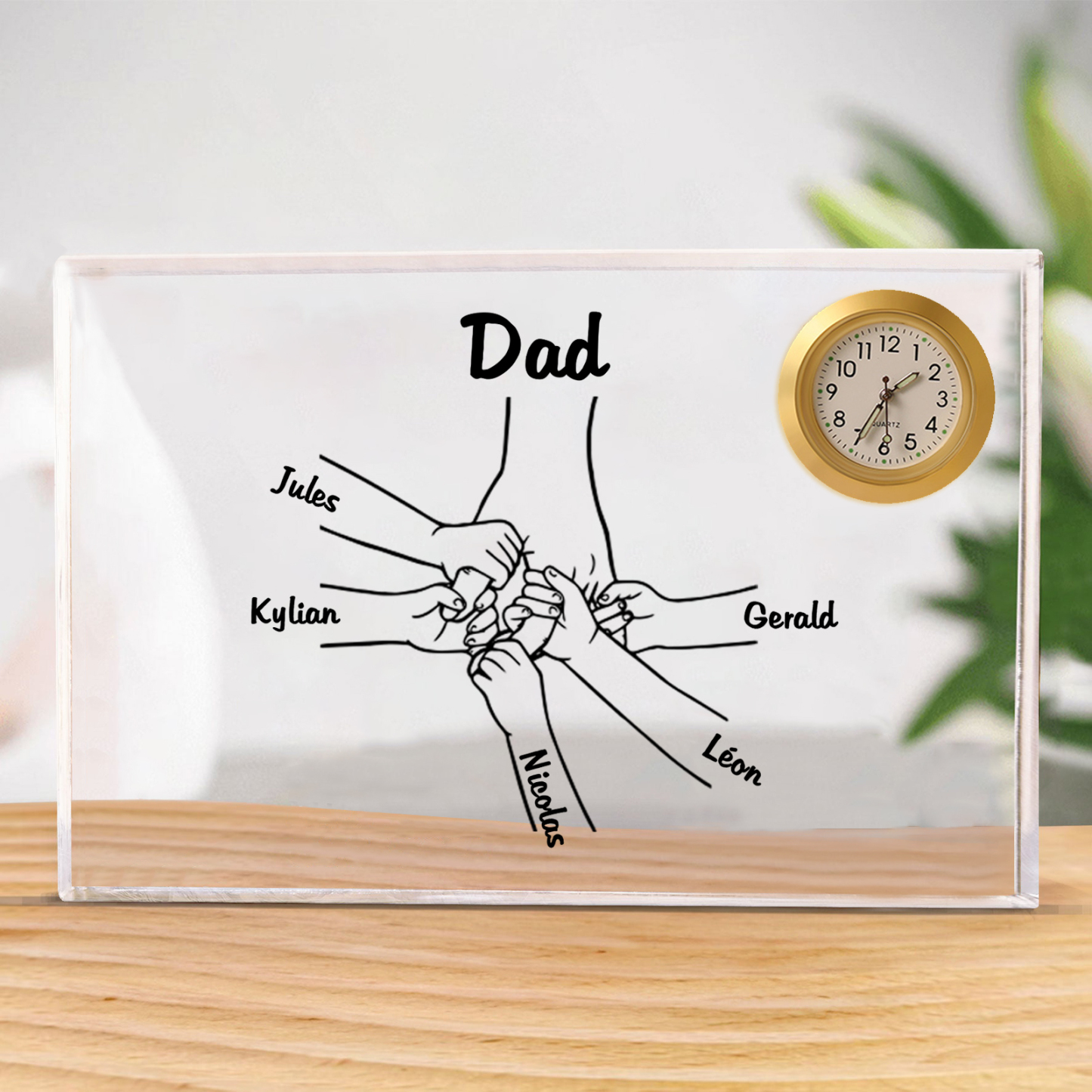 6 Names - Personalised Holding Hands Pattern Custom Name Acrylic Rectangular Clock Ornament Father's Day Gift