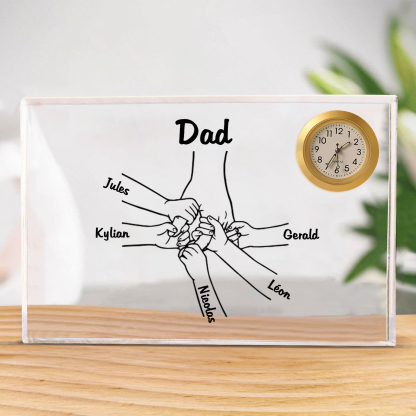 6 Names - Personalised Holding Hands Pattern Custom Name Acrylic Rectangular Clock Ornament Father's Day Gift
