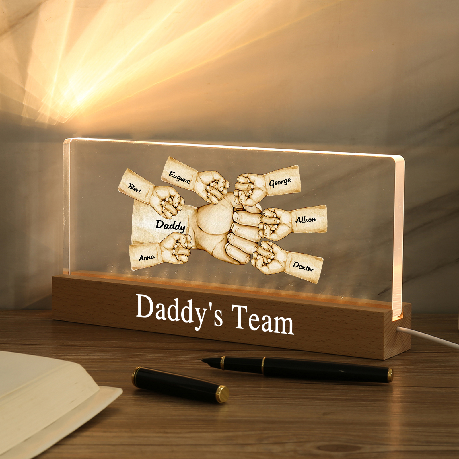 7 Names - Personalised Fist Bump Pattern Table Lamp Customized Text Father's Day Gift for Dad