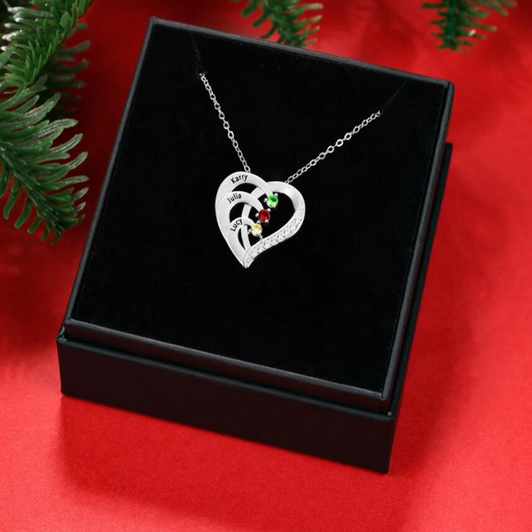 Personalised Mother Necklace 3 Stones Engraved 3 Names Birthstone Intertwined Heart Pendant Gifts for Her