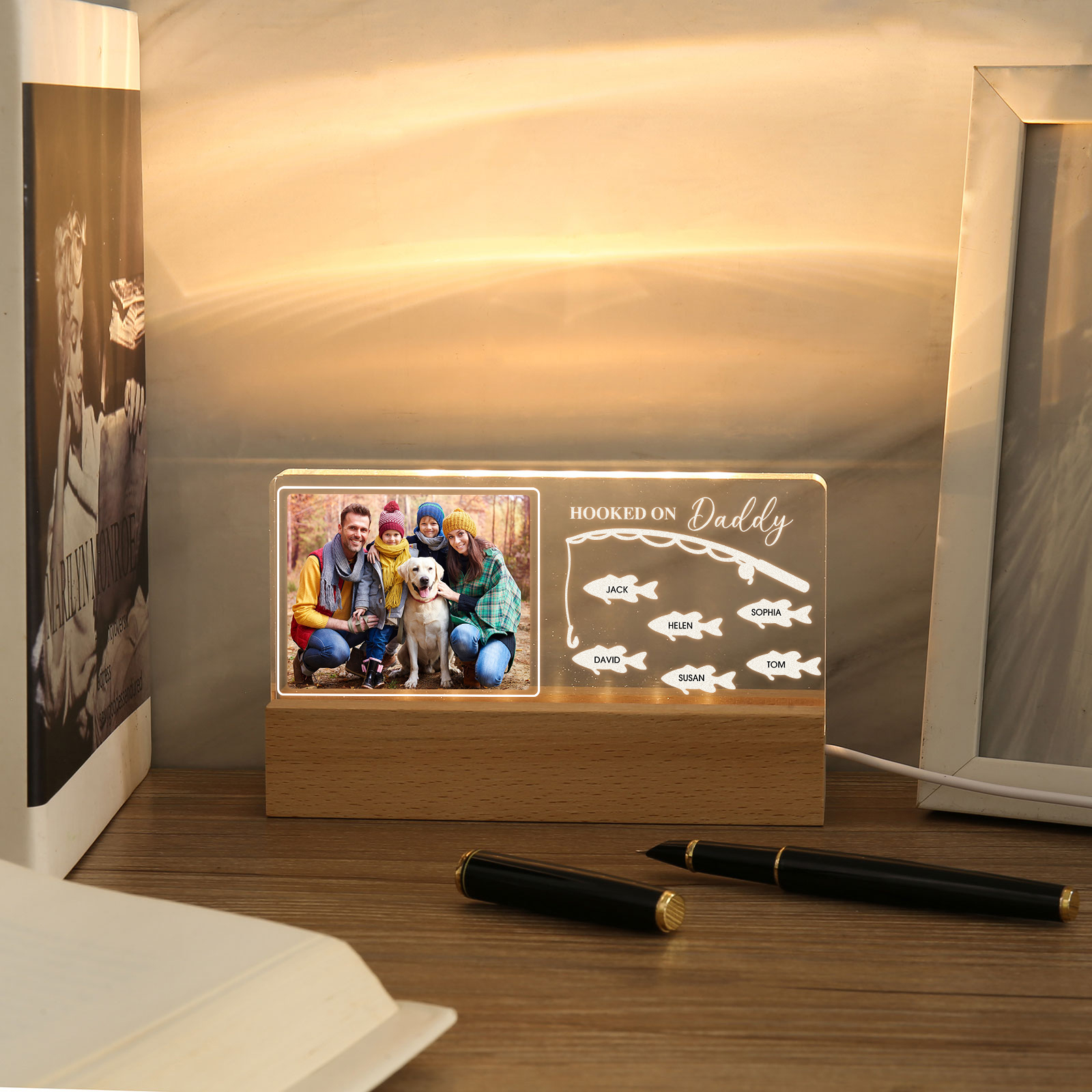 6 Names - Personalised Photo Fishing Pattern Desk Lamp Father's Day Gift For Dad