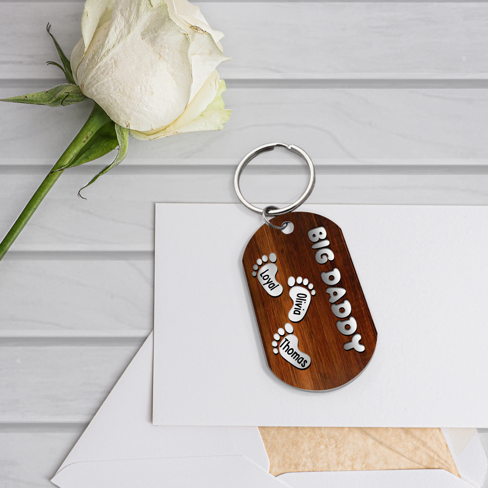 3 Names - Personalised Custom Footprint Pattern Keyring Custom Name and Text Gift for Dad