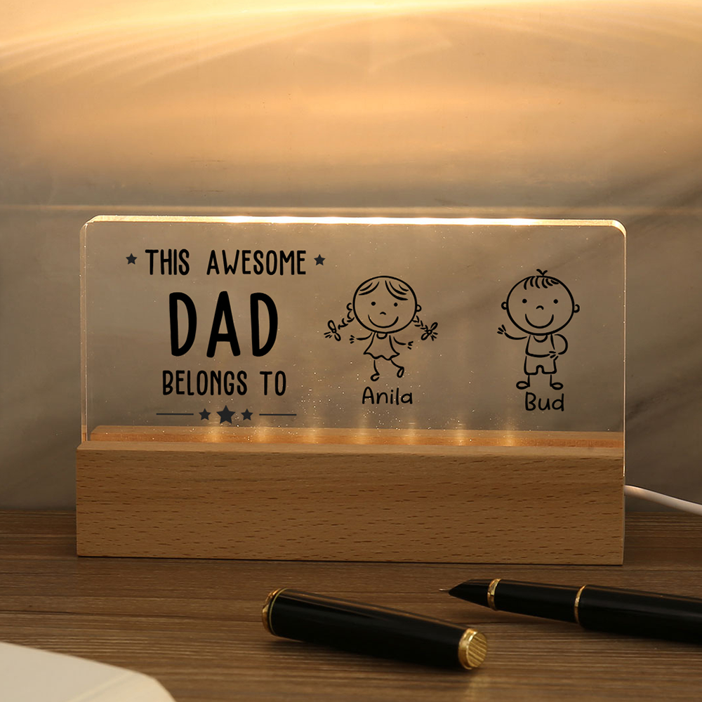 2 Names & Doll Gender - Personalised Lamp -This Awesome Dad  Belongs To - Father's Day Gift for Dad