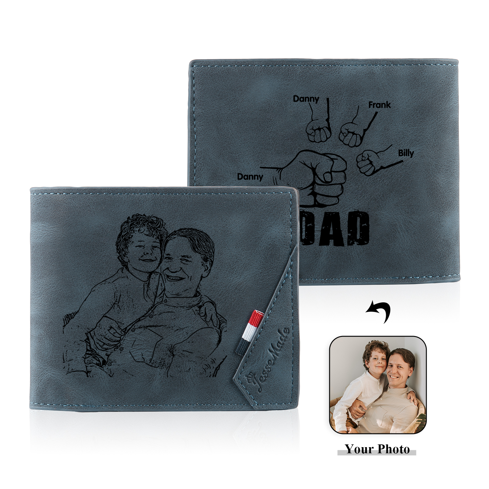 4 Names - Personalised Fist Bump Photo Custom Leather Men's  Wallet as a Father's Day Gift for Dad