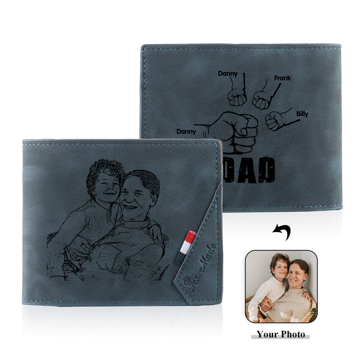 4 Names - Personalised Fist Bump Photo Custom Leather Men's Wallet as a Father's Day Gift for Dad